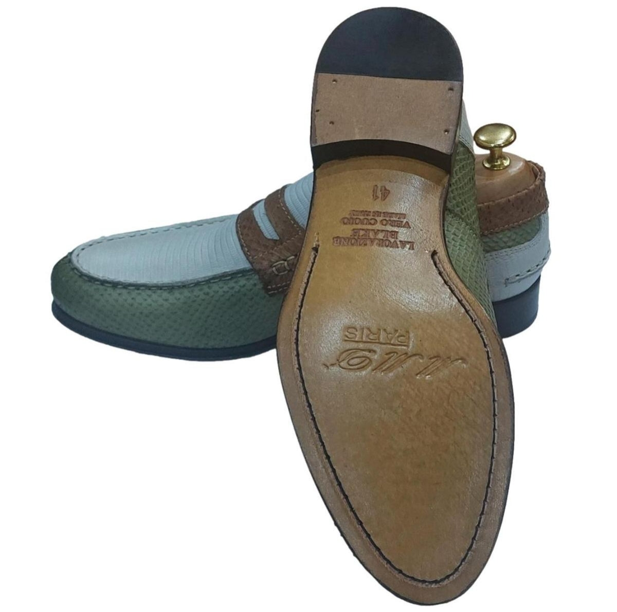 Mocassin tri-colore vert-blanc-marron - College