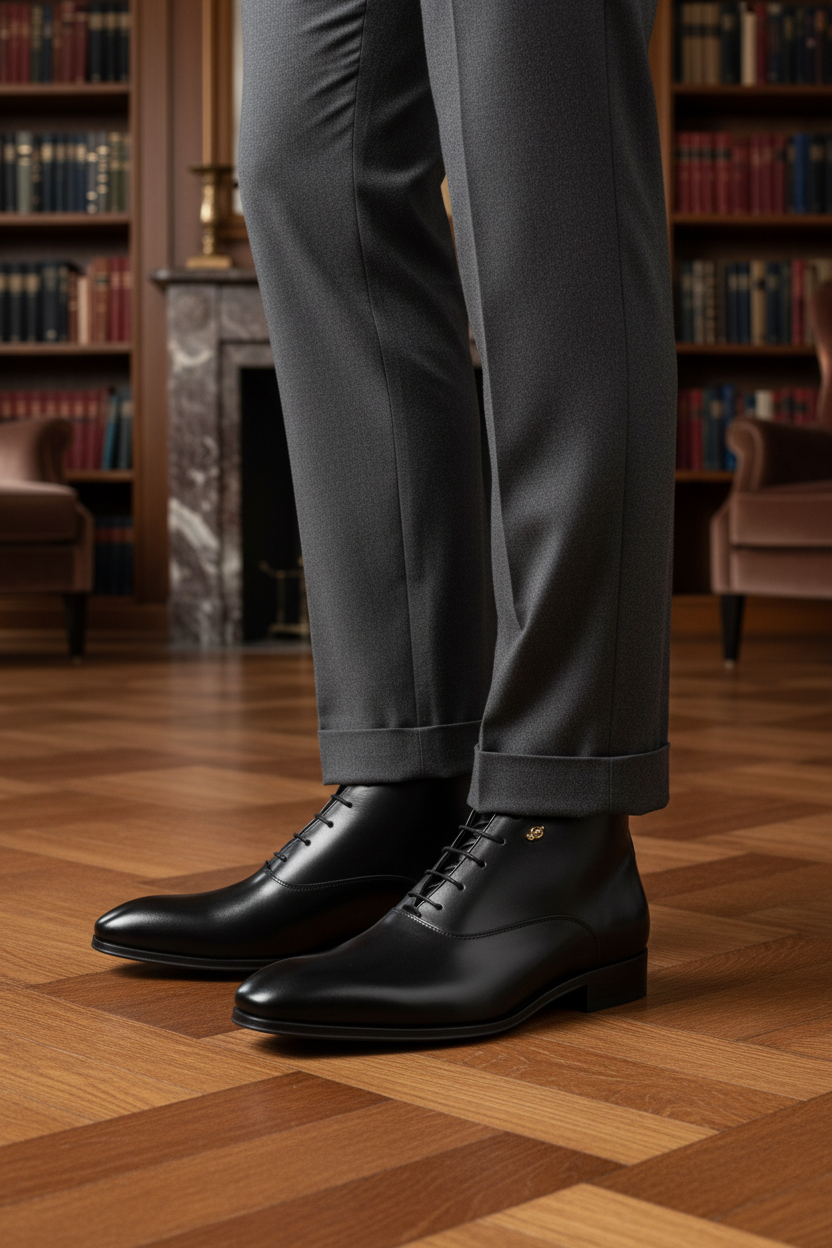 Bottines en cuir noir portées dans un décor luxueux