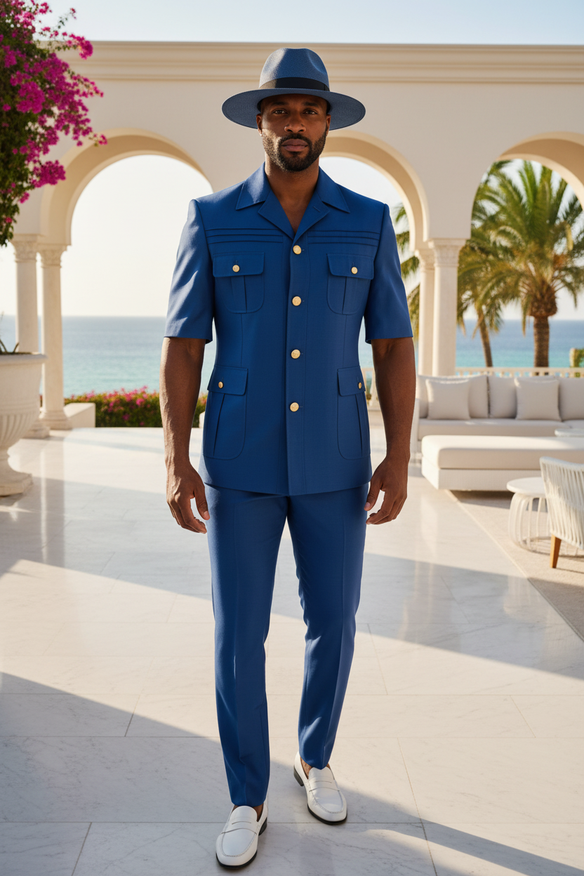 Costume complet bleu cobalt veste safari manches courtes pantalon assorti chapeau fedora bleu homme élégant resort méditerranéen luxueux lifestyle