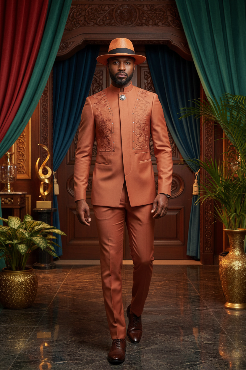 Costume complet terracotta orange veste col Mao broderies arabesques pantalon assorti chapeau fedora orange homme élégant villa luxueuse lifestyle