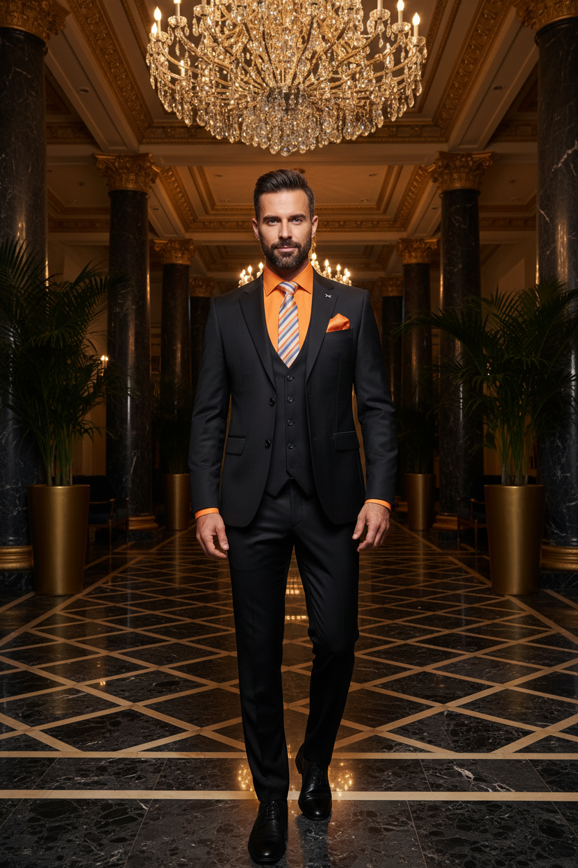 Costume trois pièces noir anthracite avec chemise orange porté par un homme élégant dans le lobby d'un palace 5 étoiles