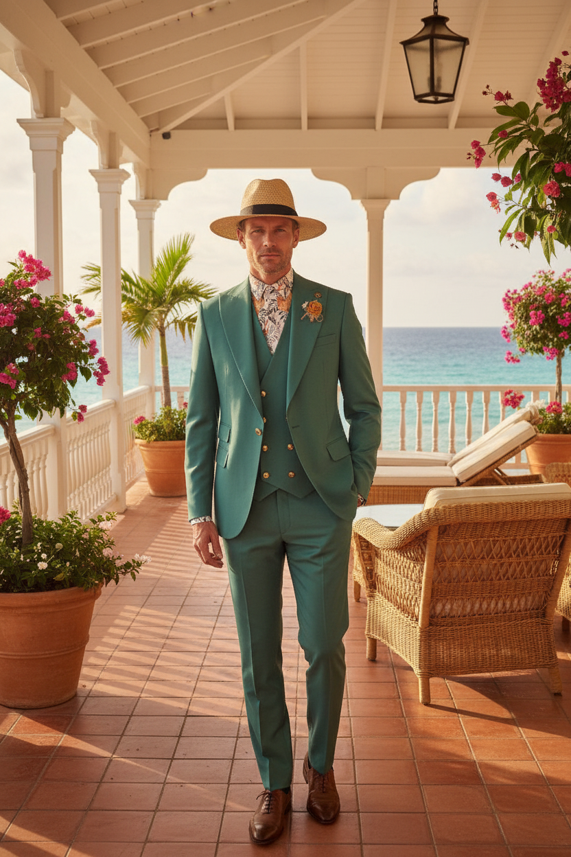 Costume vert émeraude avec chapeau panama porté par un homme européen élégant sur véranda coloniale tropicale