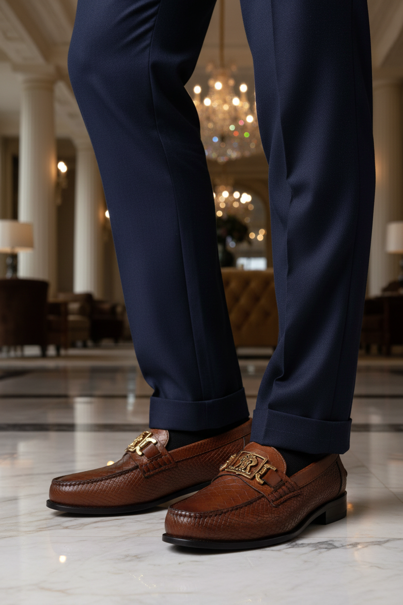 Mocassins en cuir tressé marron portés dans un décor luxueux