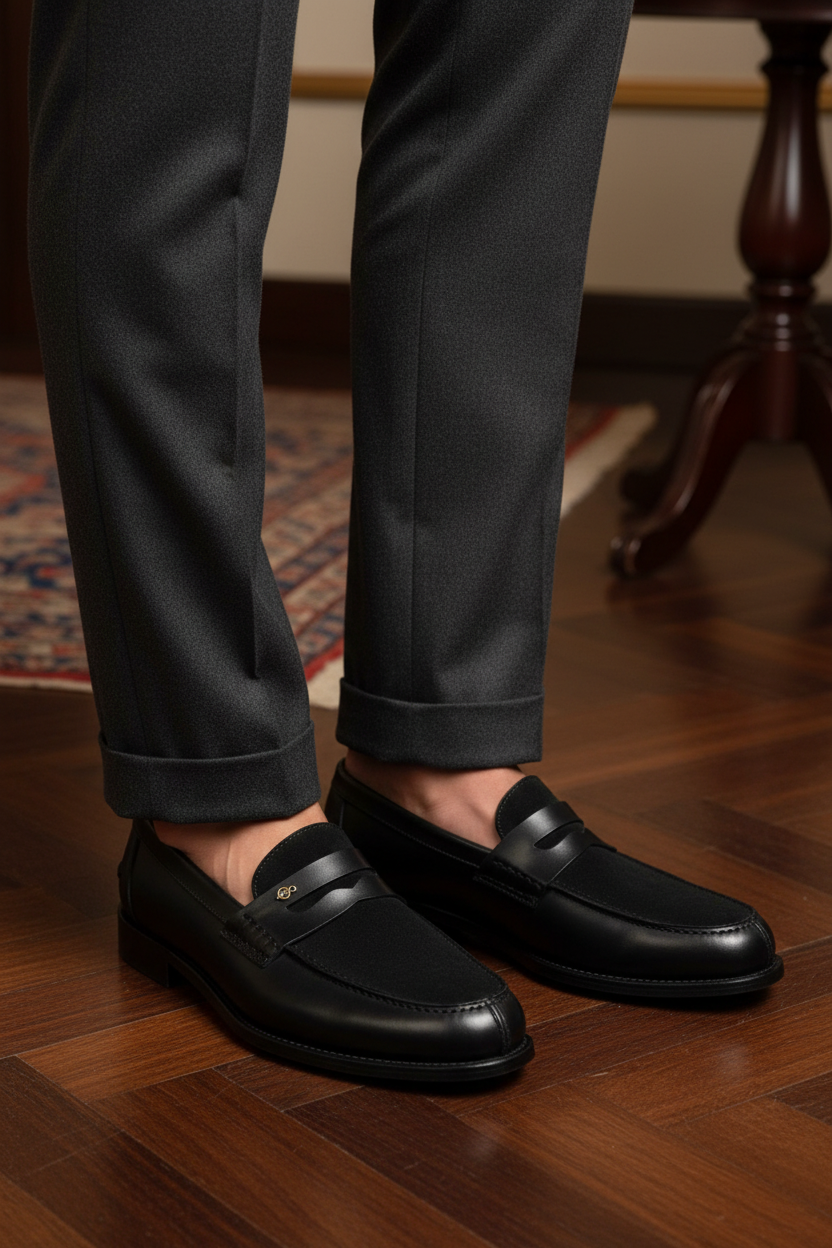 Mocassins penny loafer daim suède noir mat strap cuir lisse logo doré gros plan pieds jambes homme élégant pantalon smoking noir satin sans chaussettes parquet chevrons tapis persan bokeh profondeur champ couture mocassin talon empilé logo monogramme doré net détail artisanal Berluti John Lobb Tom Ford lifestyle éditorial portrait