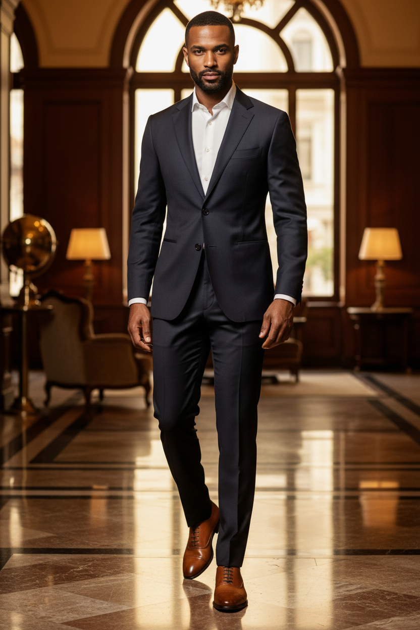 Oxford cap-toe cuir cognac tan homme élégant lobby hôtel luxueux marbre doré pantalon marine chemise blanche lifestyle Berluti John Lobb