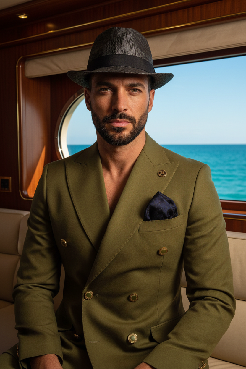 Portrait buste blazer vert olive avec chapeau fedora gris porté par un homme élégant dans un yacht de luxe en Méditerranée