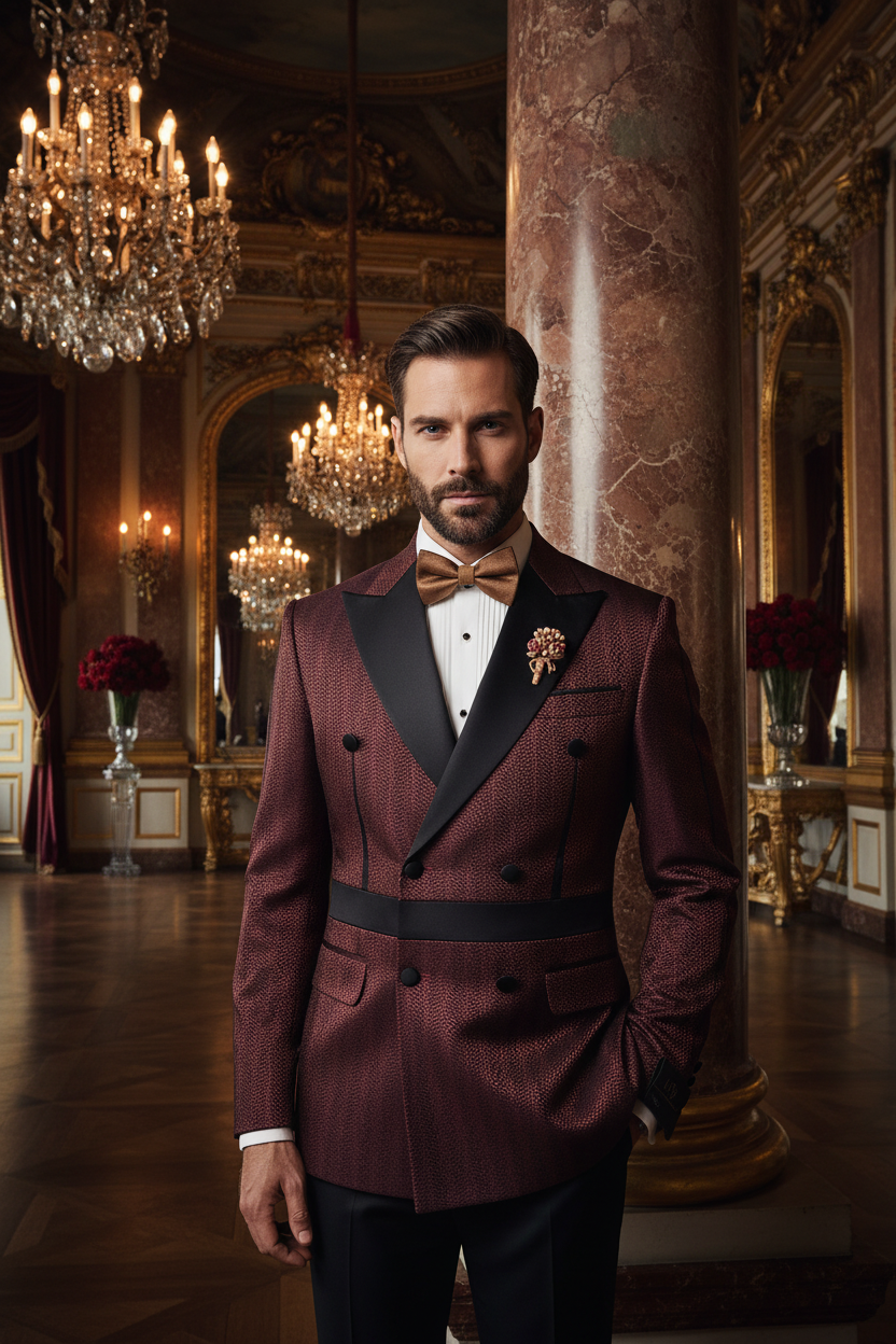 Smoking bordeaux jacquard porté par un homme élégant dans un palais doré et bordeaux