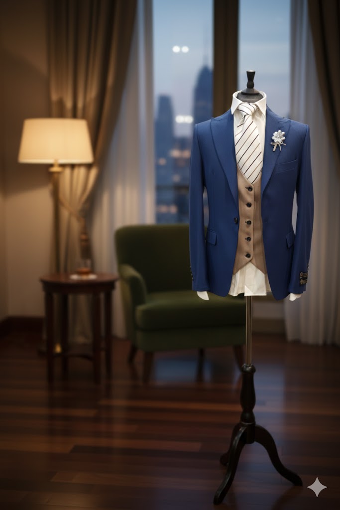 Costume homme 3 pièces bleu et beige : Alto