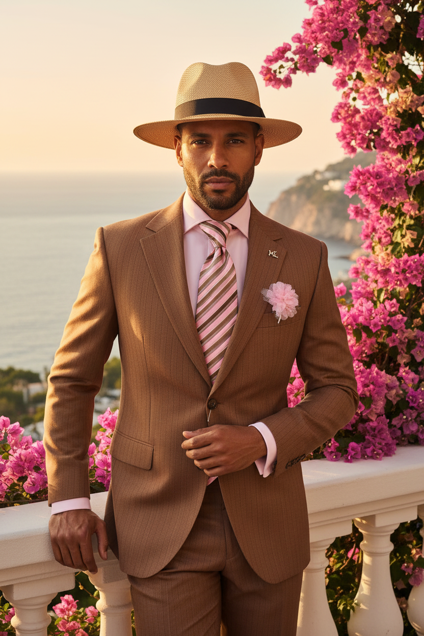 Veste brun caramel chalk stripe chapeau panama portée par un homme élégant boulevard parisien ou terrasse méditerranéenne lifestyle luxueux