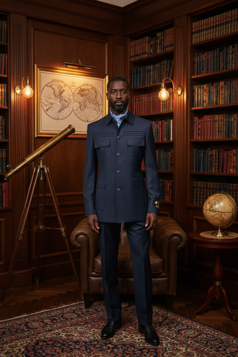 Veste safari bleu de nuit portée par un homme élégant dans un gentleman's club