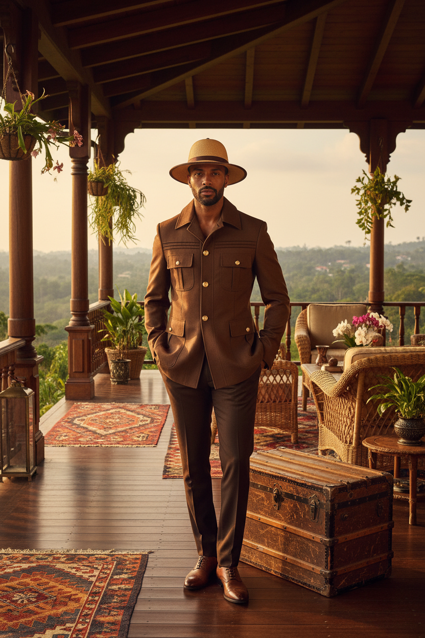 Veste safari marron tabac homme élégant chapeau fedora paille véranda lodge colonial luxueux teck doré plantes tropicales kilim lanternes laiton malle vintage Ralph Lauren Hermès lifestyle