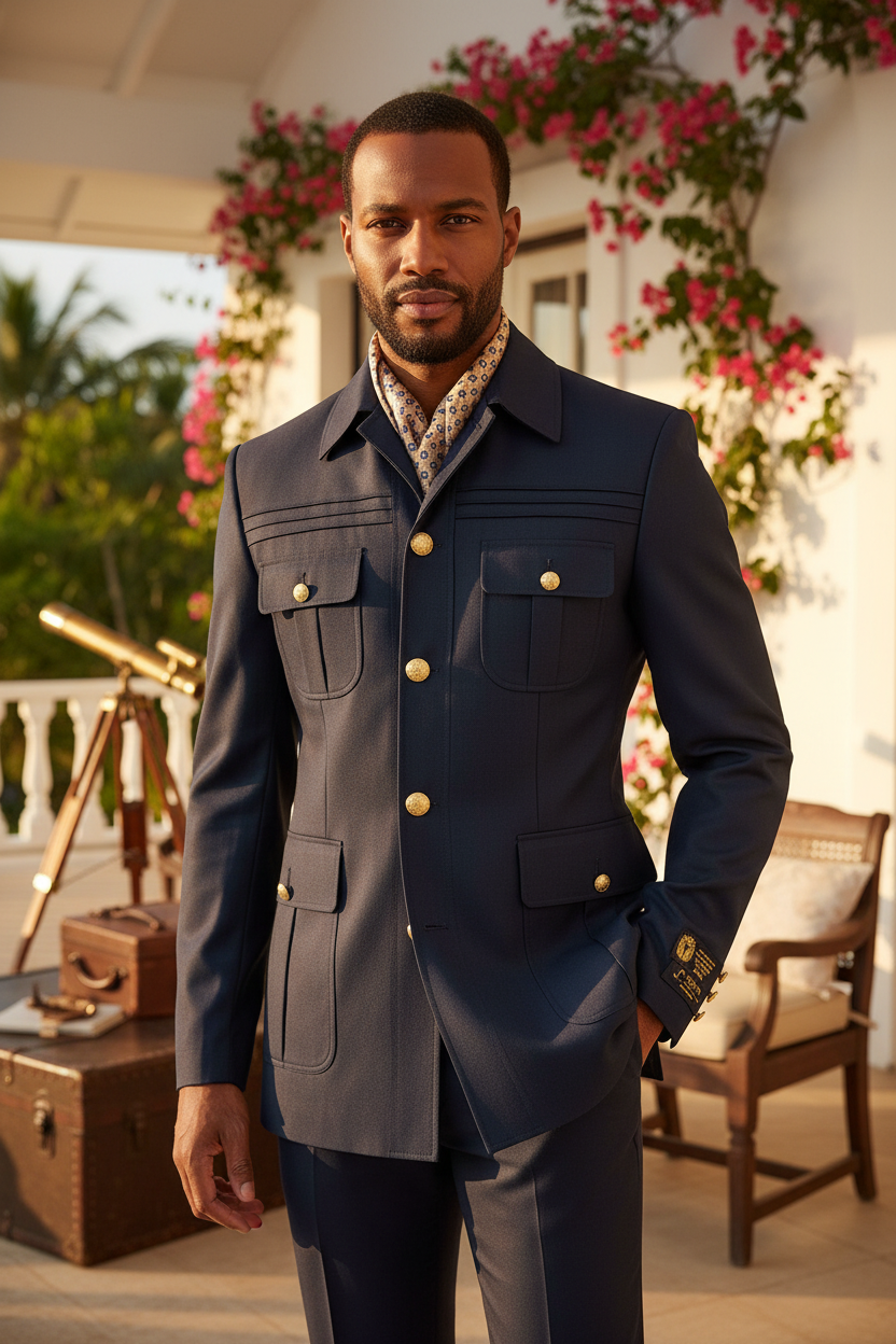 Veste safari militaire bleu marine boutons dorés foulard crème géométrique homme élégant peau brune barbe courte pantalon navy charcoal terrasse lodge colonial luxe murs blancs bougainvillée teck malle cuir télescope laiton verdure tropicale bokeh Ralph Lauren Safari Berluti Brioni lifestyle éditorial portrait