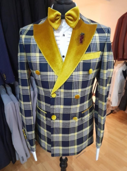 Costume croisé à carreaux bleu et jaune : BARI