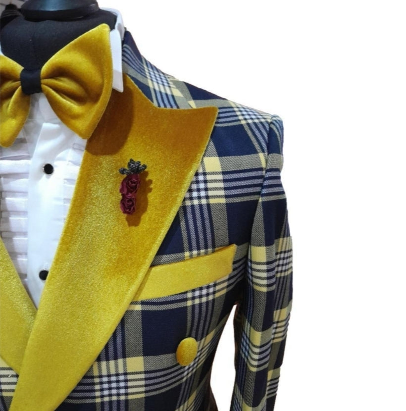 Costume croisé à carreaux bleu et jaune : BARI