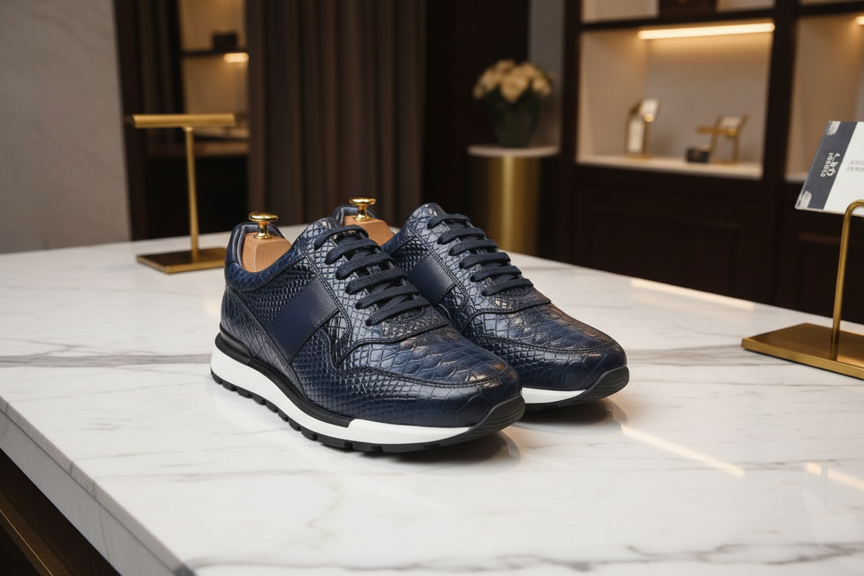 Baskets cuir bleu marine texturé crocodile dans un lieu luxueux