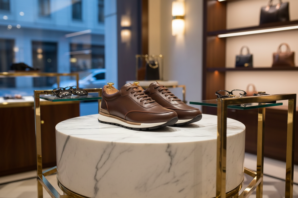 Baskets cuir marron dans un lieu luxueux