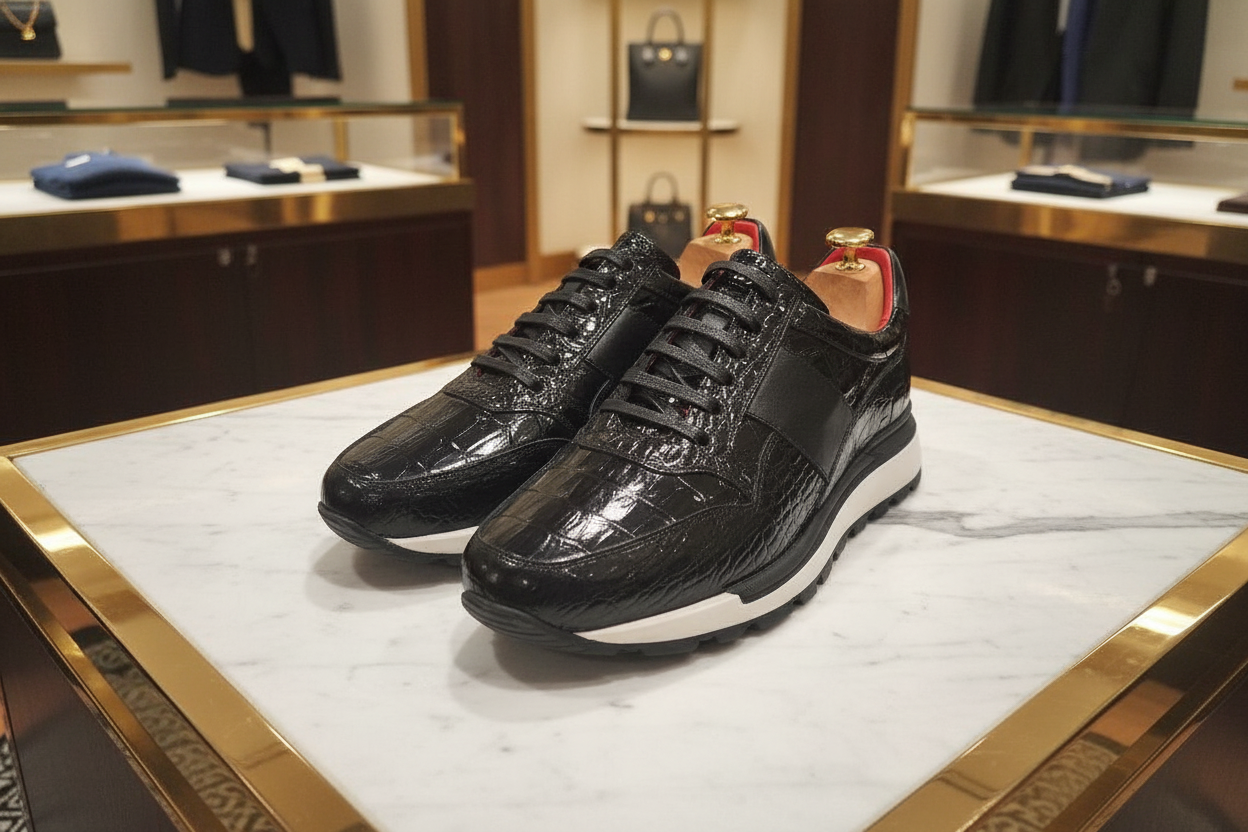 Baskets cuir noir texturé crocodile dans un lieu luxueux