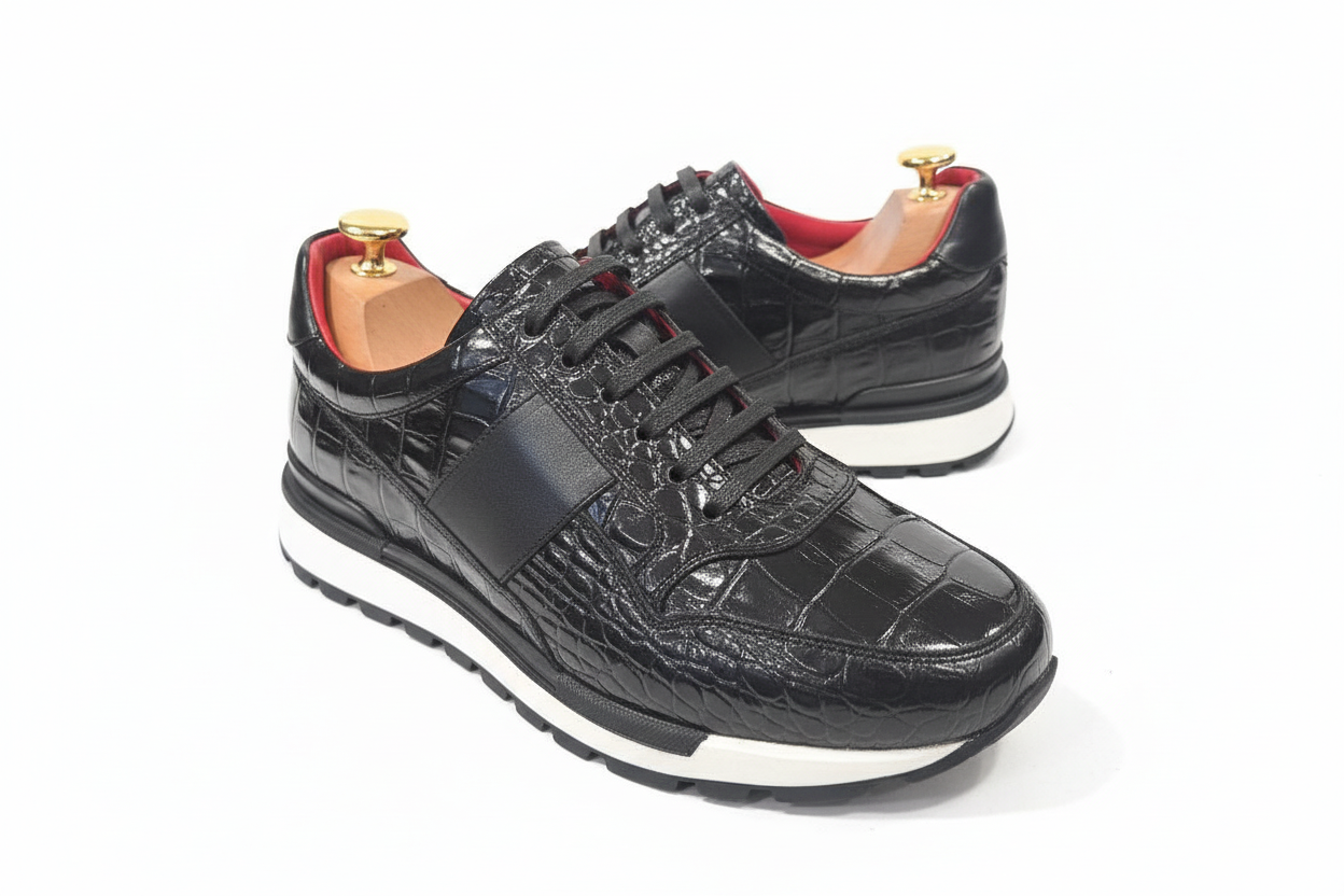 Baskets cuir noir texturé crocodile