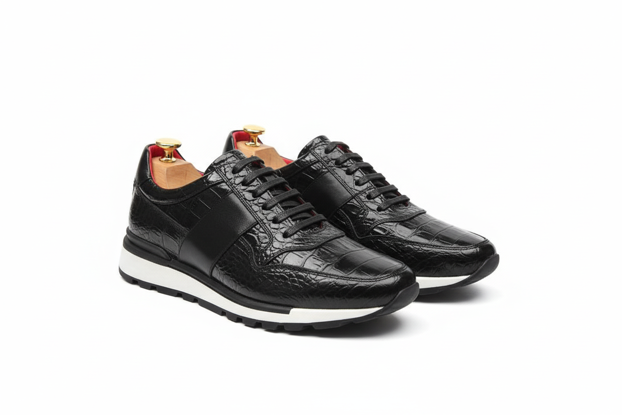 Baskets cuir noir texturé crocodile