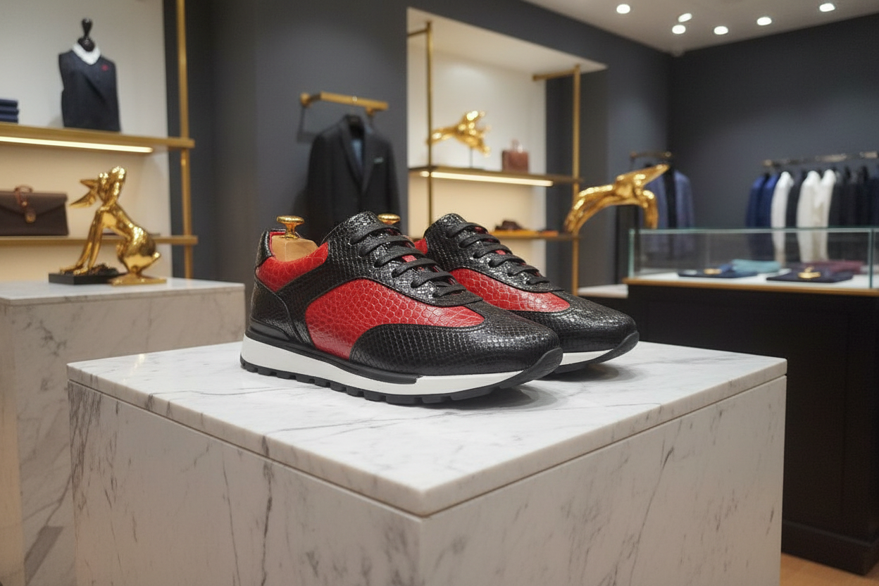 Baskets noir et rouge dans un lieu luxueux