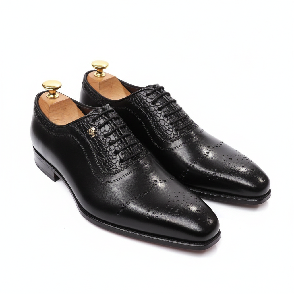 Black leather oxford brogue shoes - angled view
