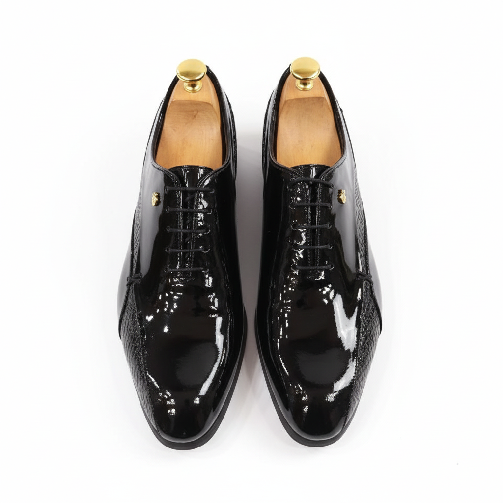 Black patent leather shoes - top view