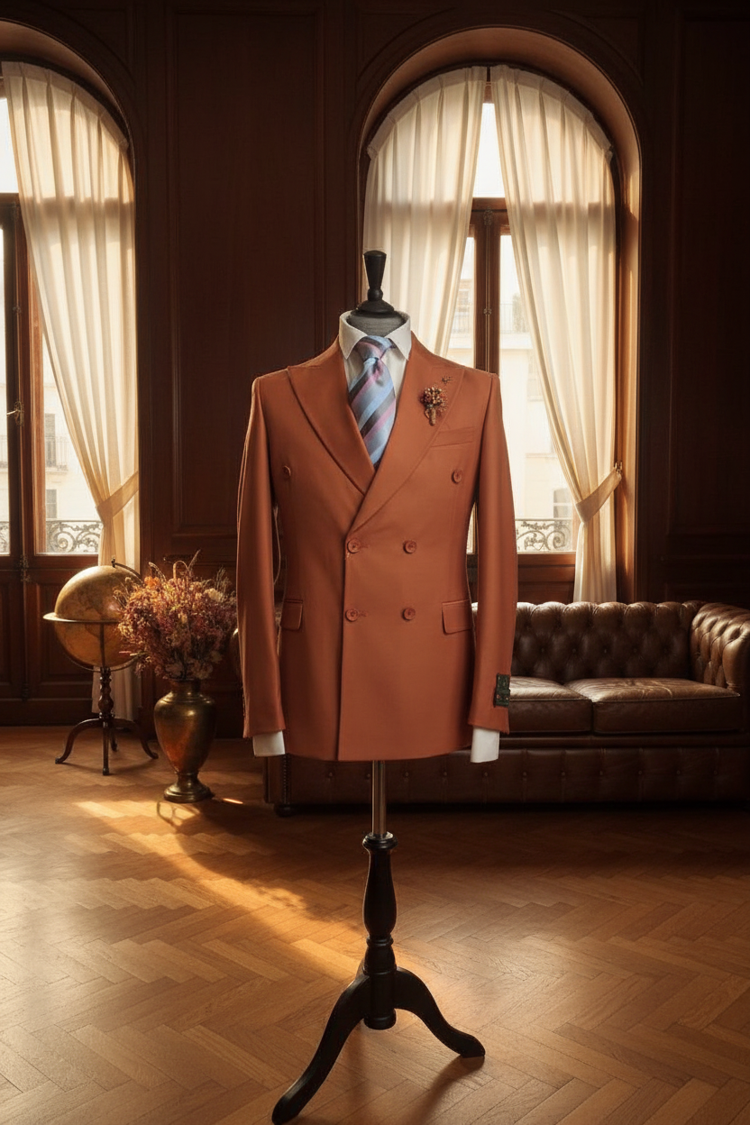 Blazer croisé terracotta dans un cadre lifestyle luxueux