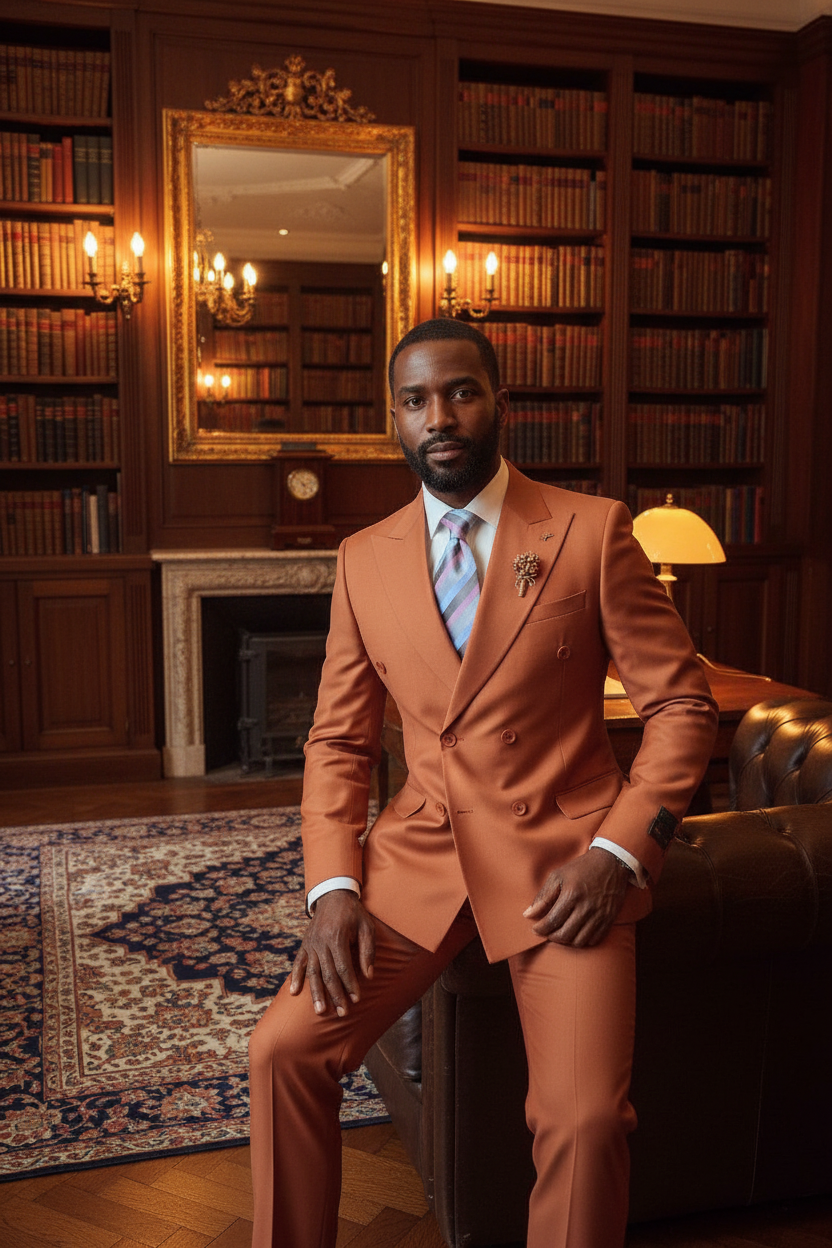 Blazer croisé terracotta porté par un homme élégant dans une bibliothèque privée