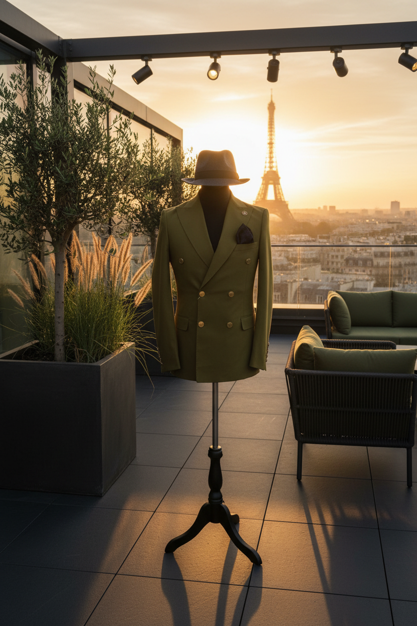 Blazer vert olive avec chapeau fedora gris sur terrasse penthouse parisien au coucher du soleil avec vue sur la Tour Eiffel