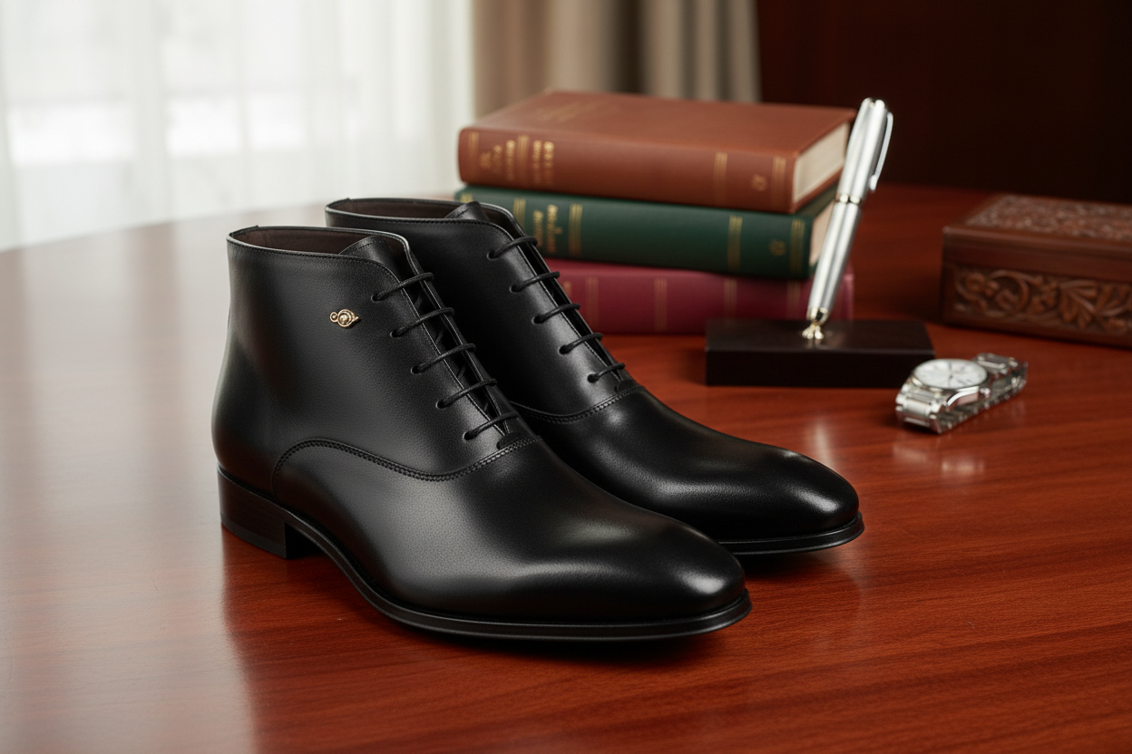 Bottines en cuir noir dans un décor lifestyle luxueux