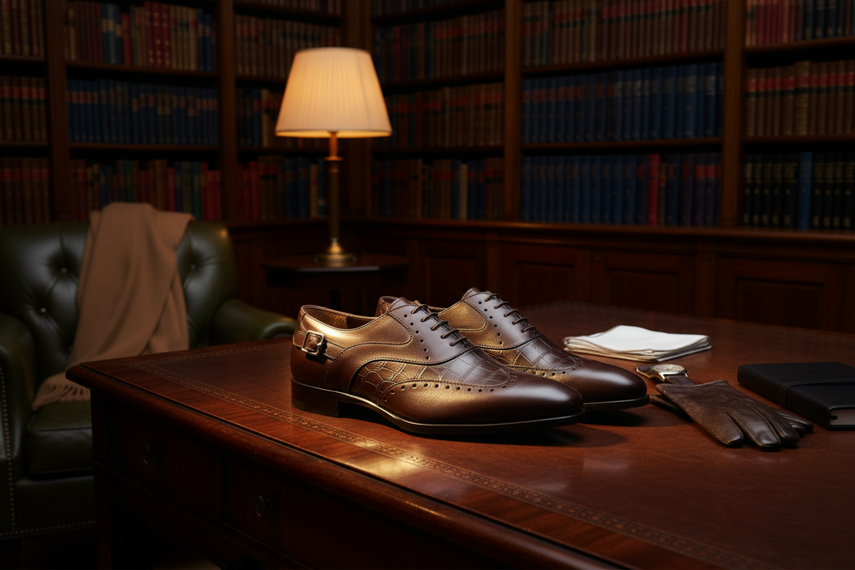 Brogue monk-strap brun chocolat croco lifestyle luxueux bibliothèque privée lumière ambrée sans alcool