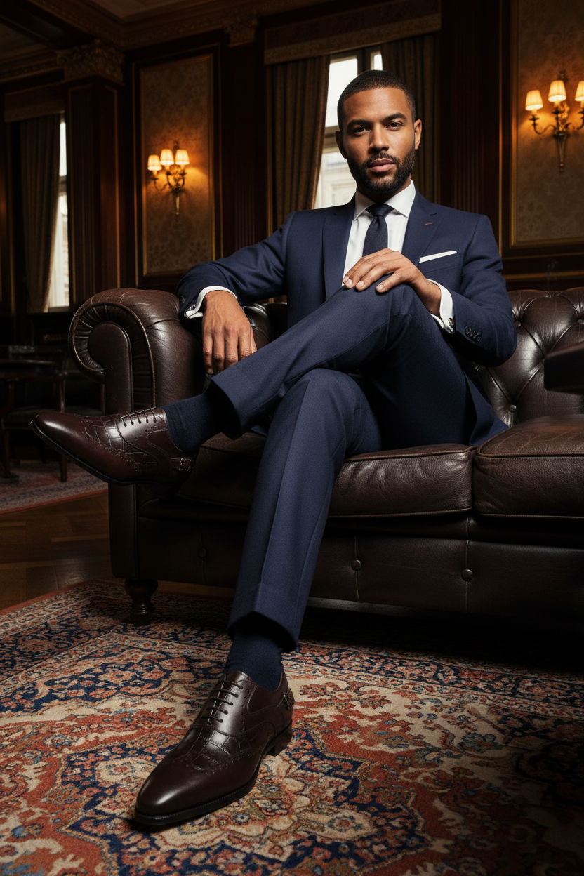 Brogues monk-strap brun chocolat croco détails visibles portées par un homme élégant club privé parisien lifestyle luxueux
