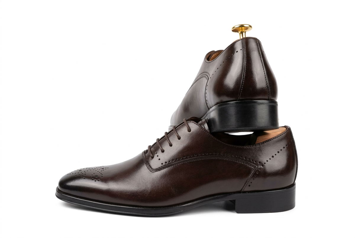 Chaussures brun foncé vernies sur fond blanc, composition superposée
