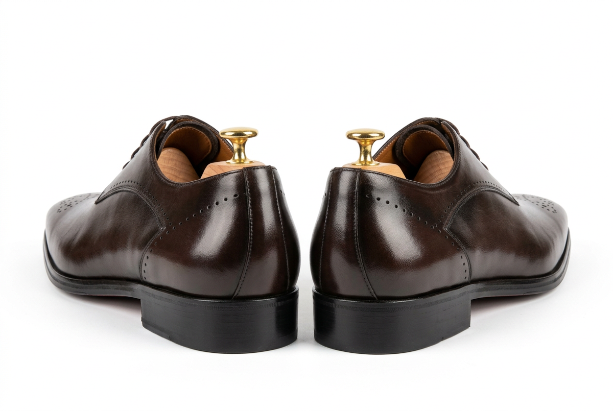 Chaussures brun foncé vernies sur fond blanc, vue arrière