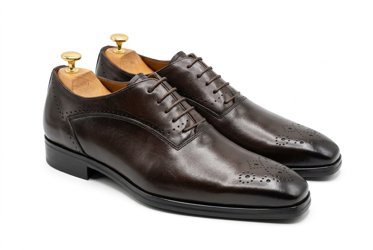Chaussures brun foncé vernies sur fond blanc, vue opposée