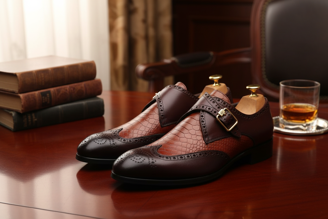 Chaussures monk strap bordeaux dans un décor lifestyle luxueux