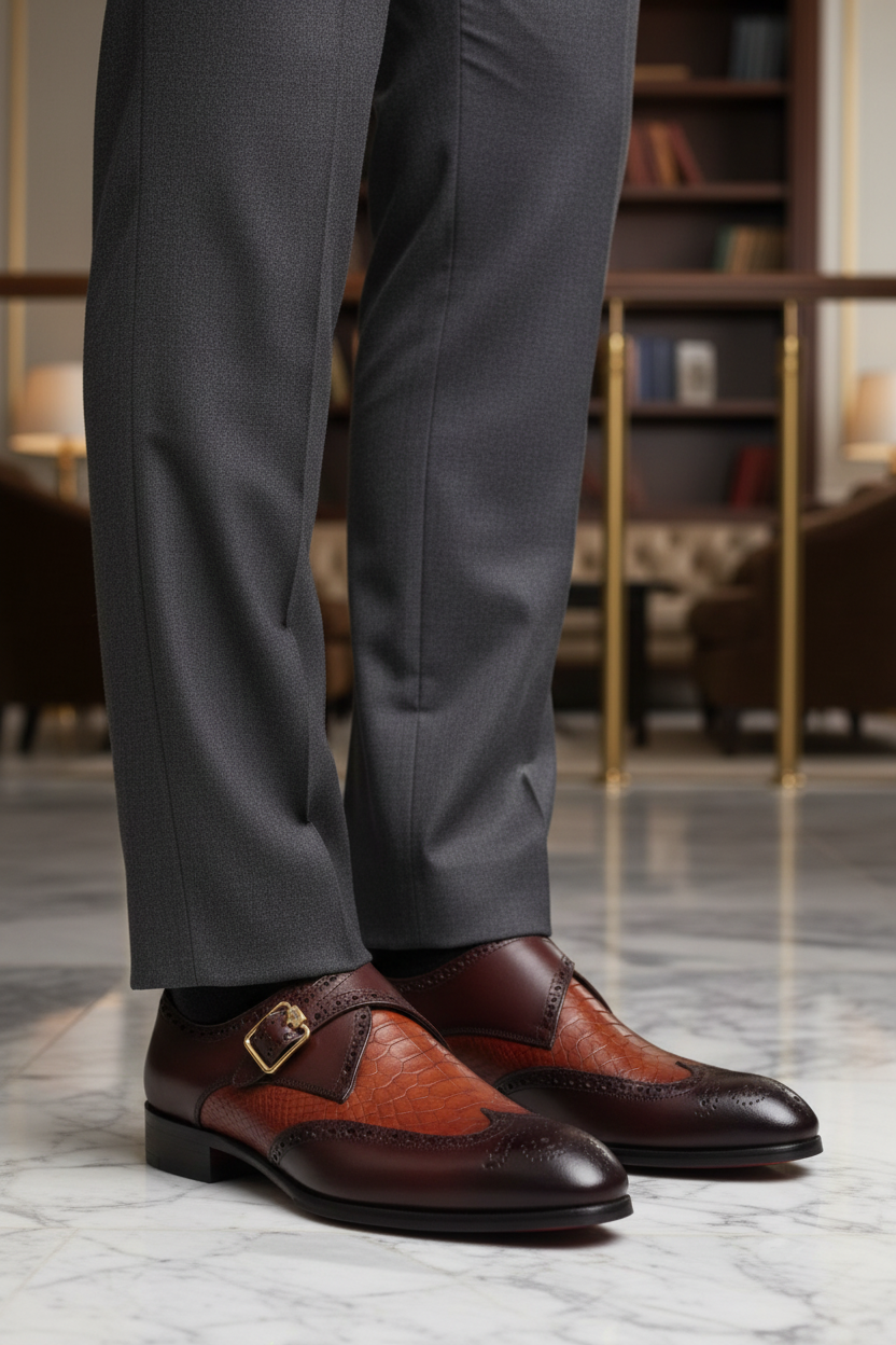 Chaussures monk strap bordeaux portées dans un décor luxueux