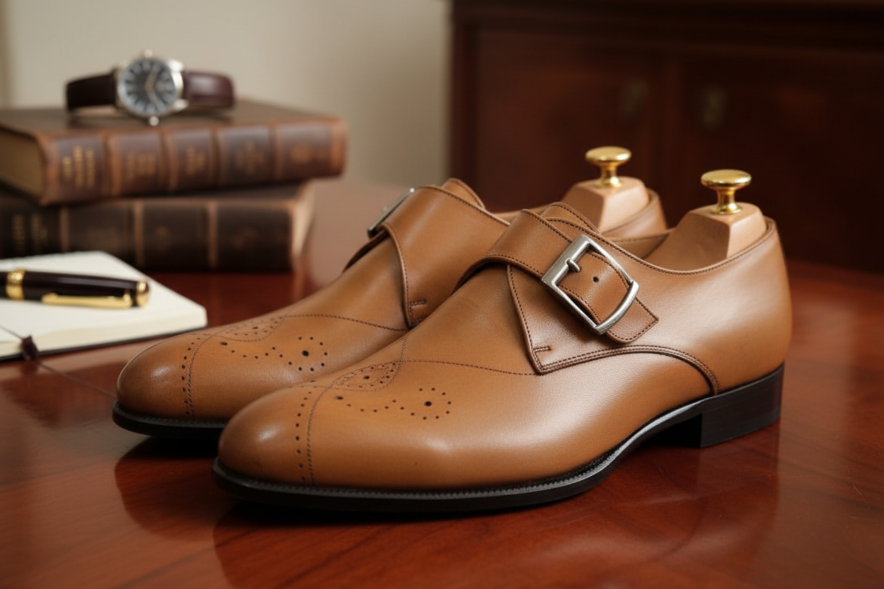 Chaussures monk strap tan dans un décor lifestyle luxueux