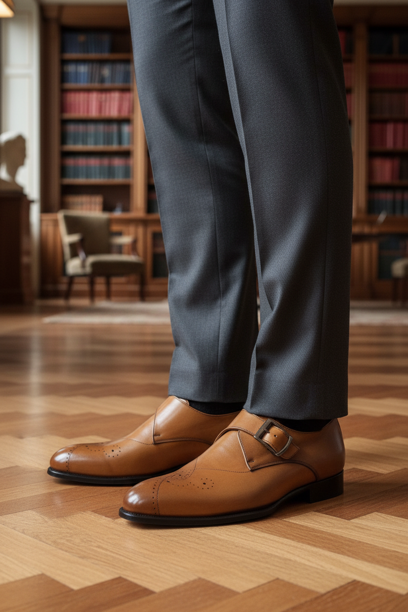 Chaussures monk strap tan portées dans un décor luxueux