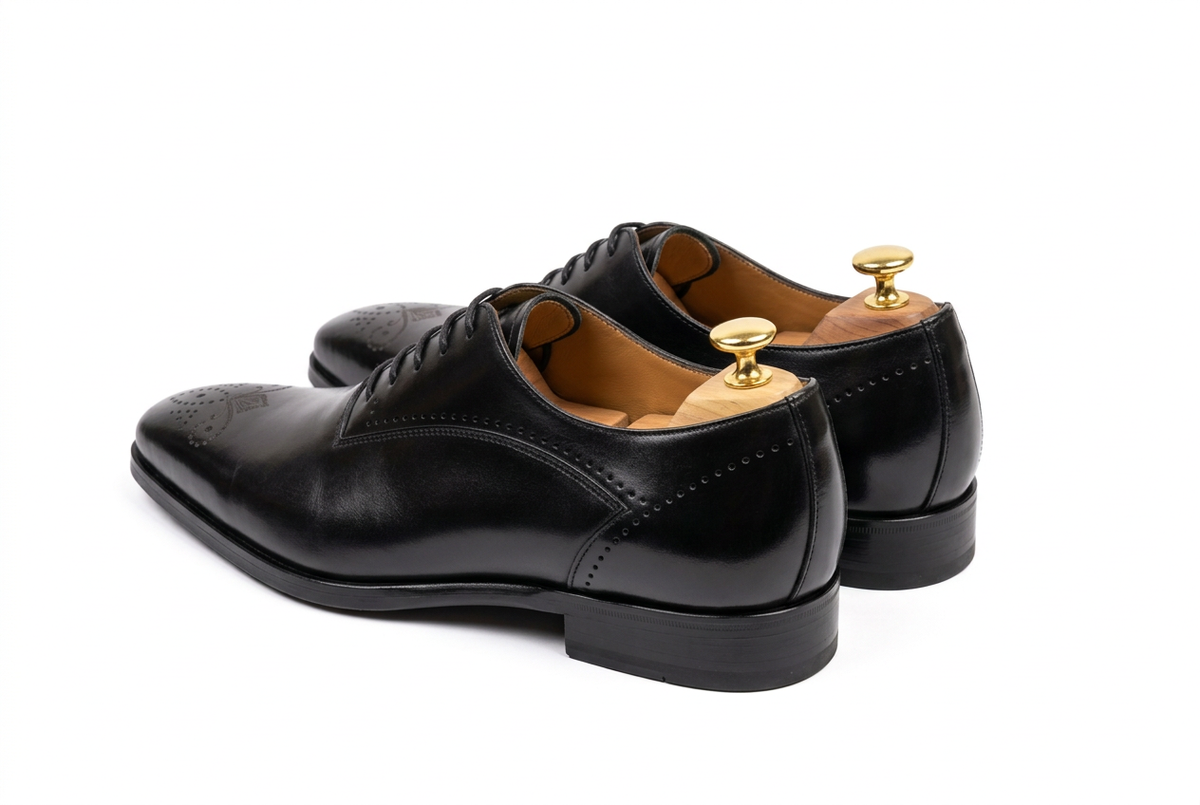 Chaussures noires légèrement vernies sur fond blanc, vue de profil arrière
