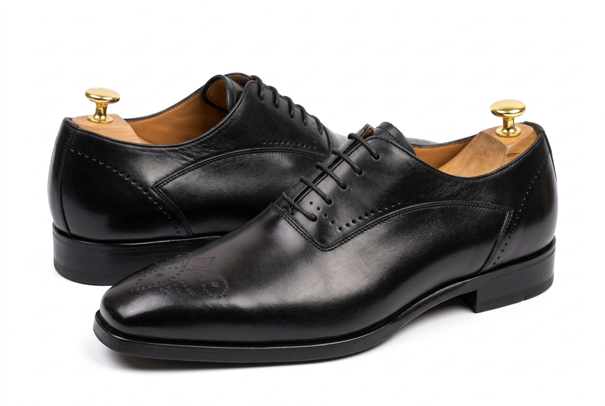 Chaussures noires légèrement vernies sur fond blanc, vue latérale