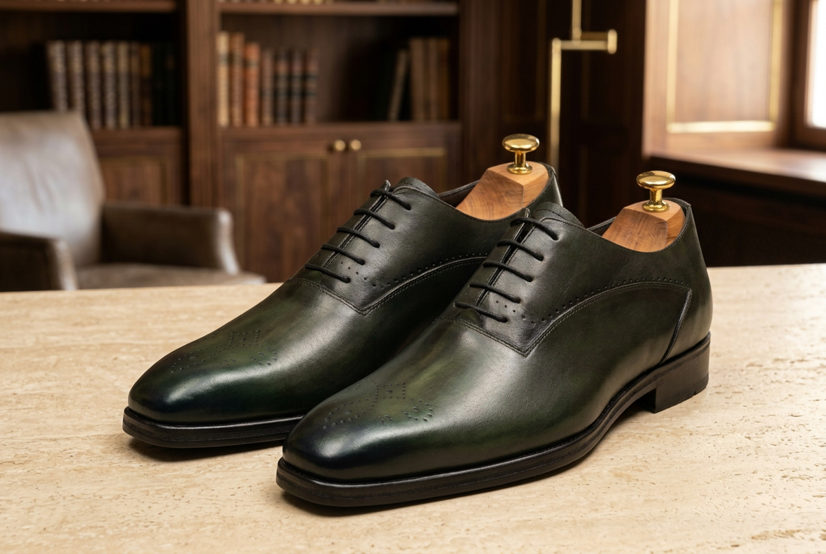 Chaussures patinées dans une bibliothèque luxueuse