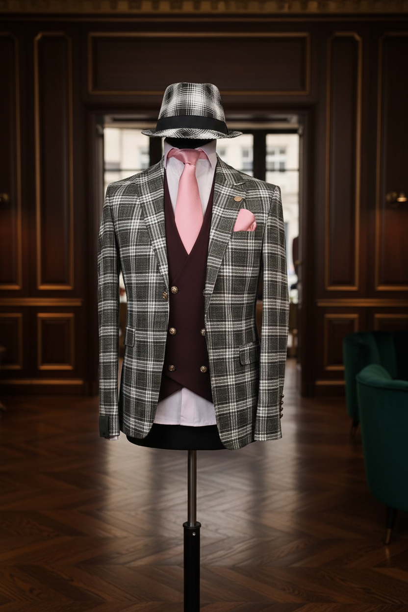 Costume 3 pièces carreaux Prince de Galles chapeau fedora sur mannequin noir showroom parisien luxueux sans alcool