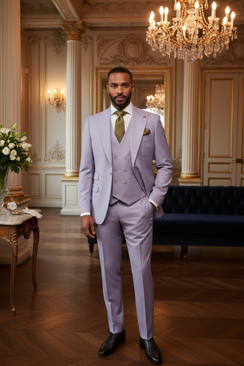 Costume 3 pièces lavande lilas boutons nacrés homme élégant peau brune barbe courte revers pointe gilet croisé cravate paisley olive or salon parisien luxe parquet chevrons moulures Haussmann or Chesterfield velours colonnes marbre lustre cristal Brioni Kiton Canali lifestyle éditorial portrait