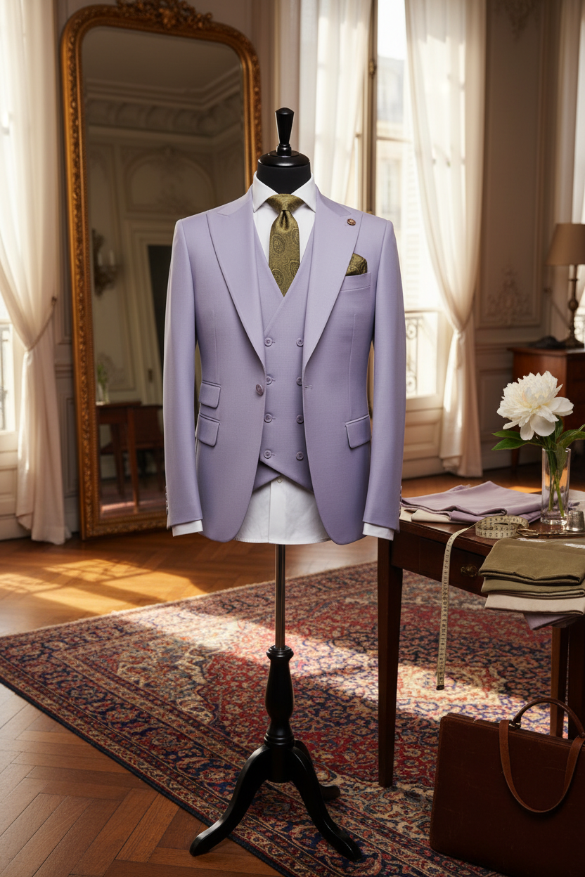Costume 3 pièces lavande lilas boutons nacrés lavande mannequin tailleur atelier parisien luxe parquet chevrons fenêtres Haussmann lumière dorée table acajou échantillons tissu miroir doré cadre ornementé mètre ruban laiton ciseaux pivoine blanche cristal tapis persan Berluti Brioni Kiton lifestyle éditorial