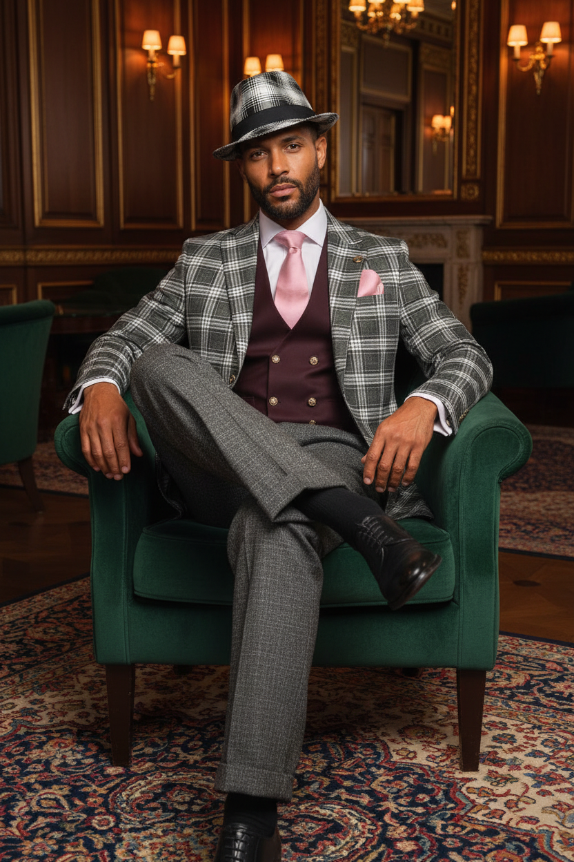 Costume carreaux Prince de Galles pantalon gris uni chapeau fedora homme élégant assis fauteuil club privé lifestyle luxueux
