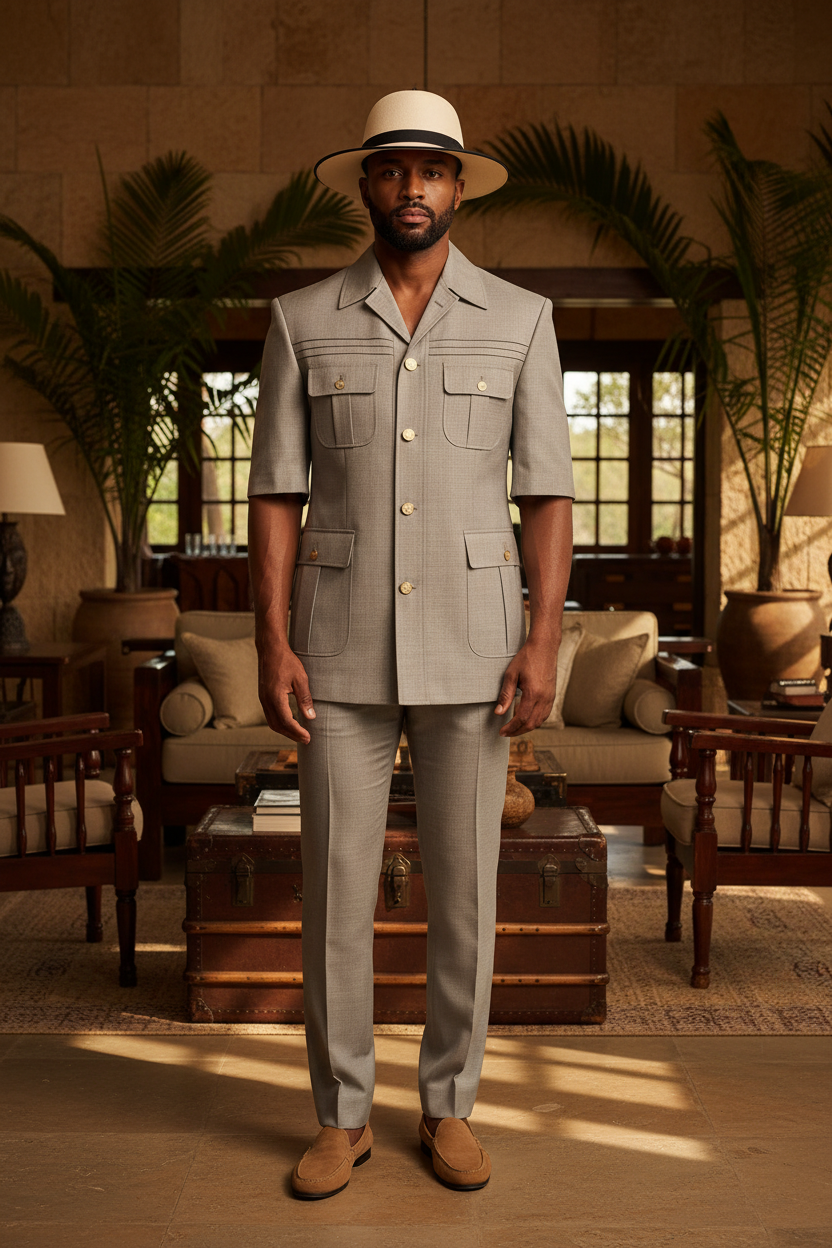 Costume complet gris clair hopsack veste safari manches courtes pantalon assorti chapeau fedora blanc homme élégant lodge safari africain luxueux lifestyle