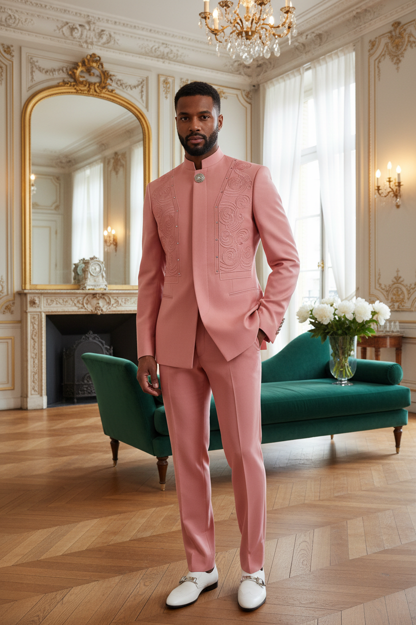 Costume complet rose saumon profond veste col Mao broderies arabesques pantalon assorti homme élégant appartement parisien luxueux moulures dorées parquet chevrons sans alcool
