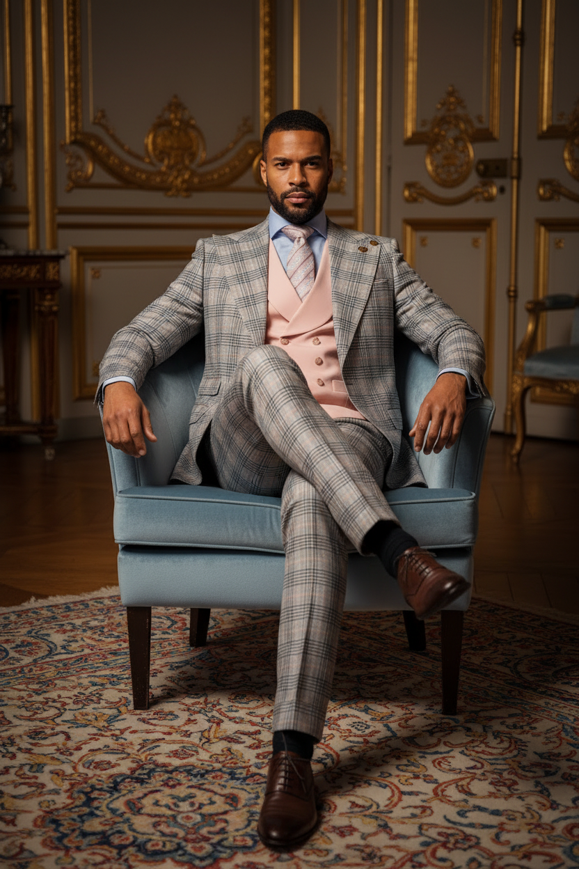 Costume Prince de Galles gilet rose homme élégant assis fauteuil velours salon parisien lifestyle luxueux