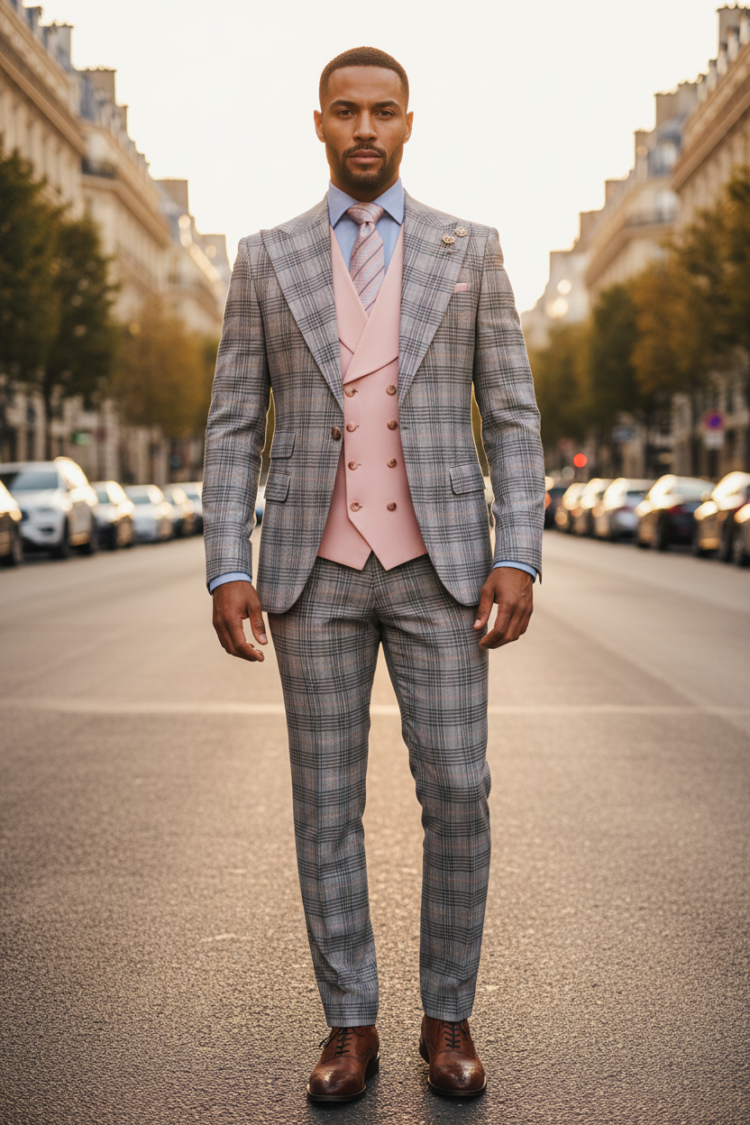 Costume Prince de Galles gilet rose homme élégant debout boulevard parisien lifestyle luxueux